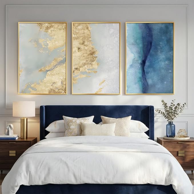 Large Framed Abstract Wall Art for Living Room, Luxury Modern 3 Piece Blue and - Image 5