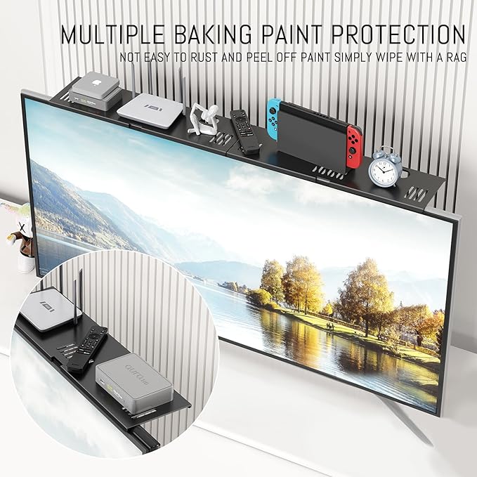 Adjustable Steel TV Top Shelf, Soundbar Mount, Universal Monitor Shelf for Soundbar, Game Console, Cable Box, Router Shelves and Home Accessories (No Storage Boxes, 2PCS)