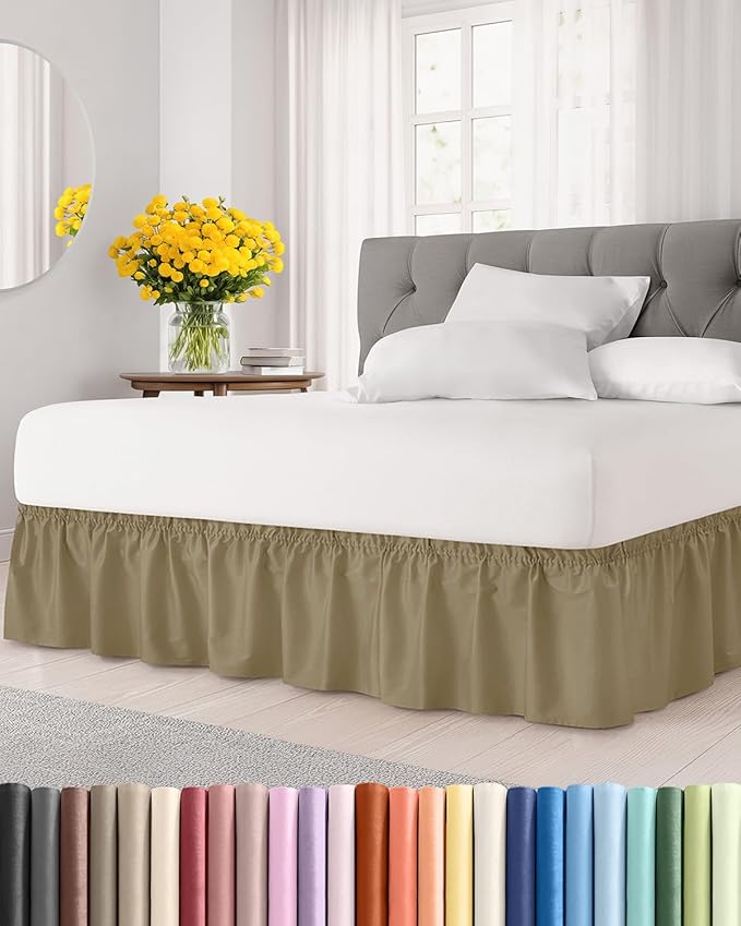 Wrap Around Dust Ruffle Bed Skirt - Khaki - Twin/Twin XL Size Beds w/ 15 Inch Drop - Easy Fit Elastic Strap - Adjustable Pleated Bedskirt w/Brushed Fabric - Wrinkle Free - Women, Men, Kids & Teens
