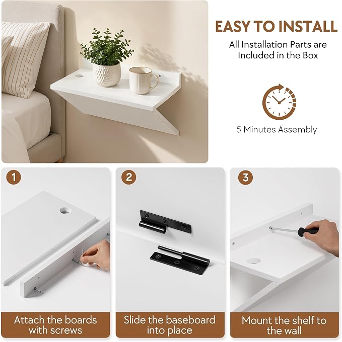 Floating Nightstand Set of 2 White Wood Bedside Table Wall Mounted | Z-Shape - Image 9