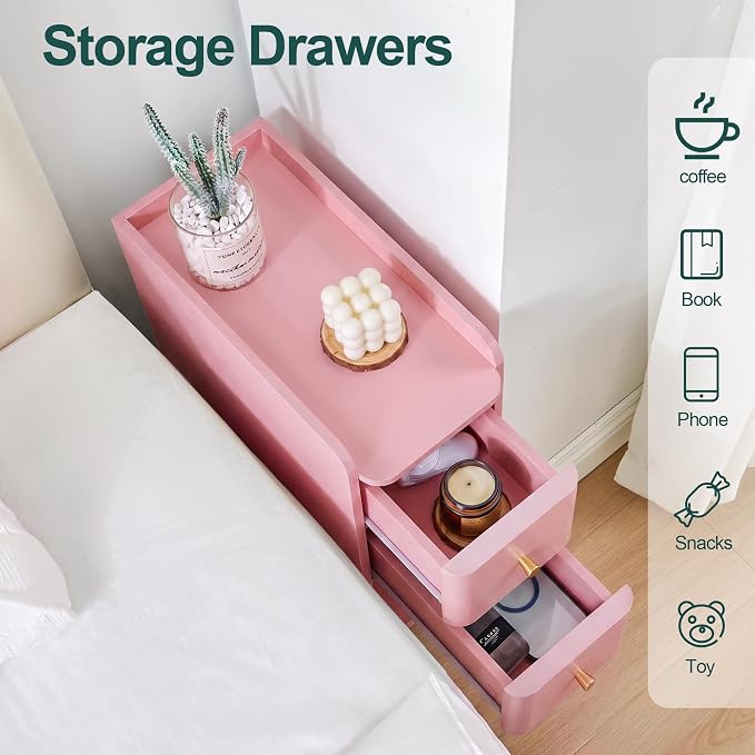 Narrow Nightstand Set of 2, Wooden Small 2 Drawer Nightstand, Slim Side End - Image 6