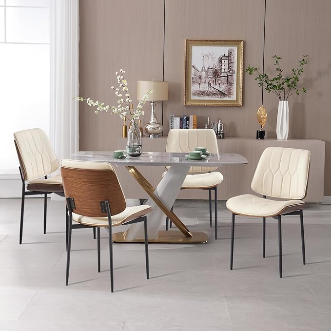 BV Mid Century Modern Dining Chairs Set of 2, Upholstered Pu Leather Accent Chair with Walnut Bentwood Back, Armless Kitchen Retro Chair for Dining Room, Living Room, Kitchen, Beige
