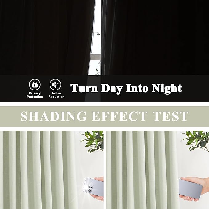 Vision Home Soft Green Pinch Pleated Full Blackout Curtains Linen Blended Room - Image 3