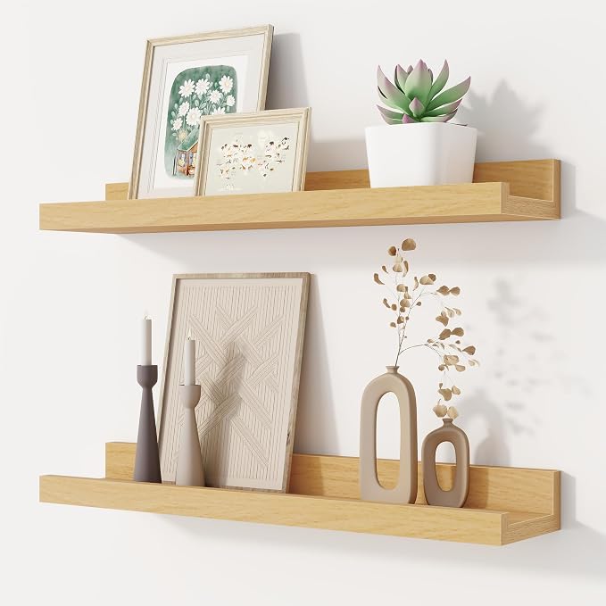 Floating Picture Ledge Shelves Set of 2, 16 Inch Solid Wood Wall Shelves by FunMemories