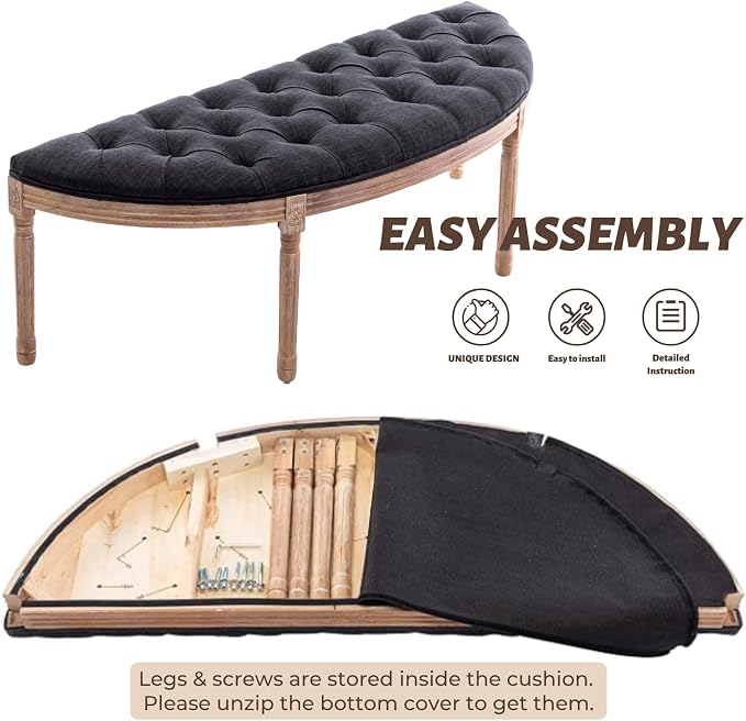 chairus 55" Button Tufted Semi-Circle Dining Bench Linen Halfmoon Entryway - Image 7
