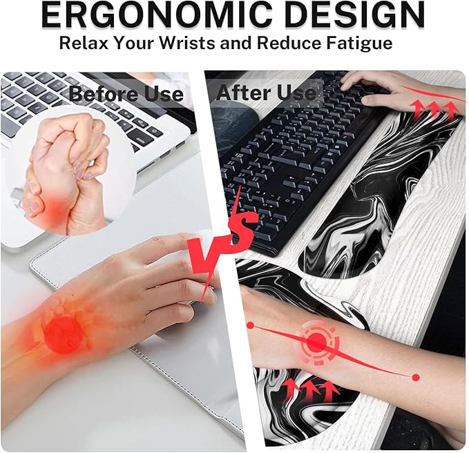 Britimes Black White Marble Keyboard Mouse Pad Set 4in1 Large Mousepad+Keyboard Wrist Rest+Mouse Wrist Rest+Coaster Ergonomic Design for Home Office Computer 35.4x15.7 inches
