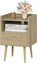 MECHYIN Night Stand with Charging Station & Rattan Decor Drawer, Boho Bedside by MECHYIN