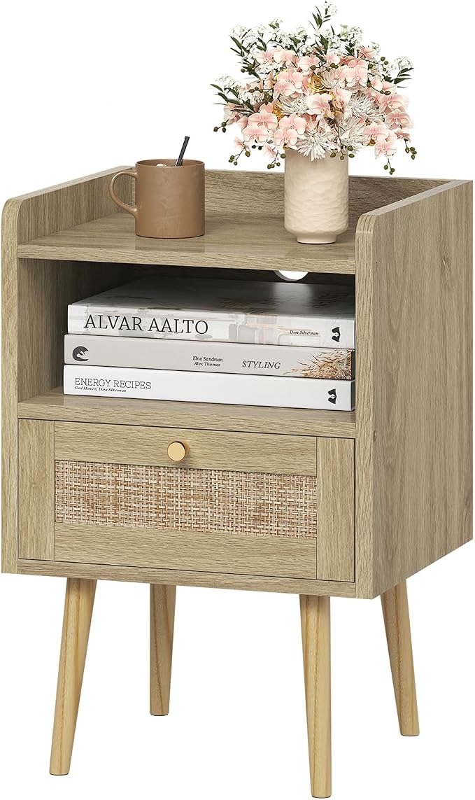 MECHYIN Night Stand with Charging Station & Rattan Decor Drawer, Boho Bedside by MECHYIN