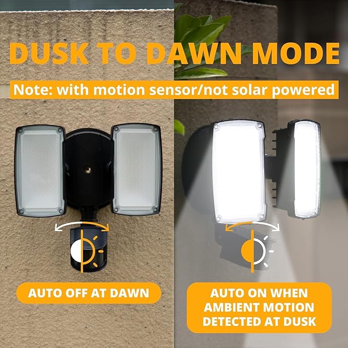 UME 2 Pack 19W LED Flood Light Motion Sensor Outdoor, 2 Adjustable Head, 2000LM, 5000K, IP65 Waterproof, Dusk to Dawn Security Light with Photocell for Exterior,Outside,Garage,House(Black)