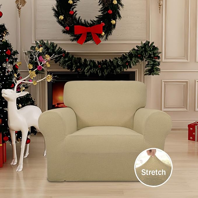 Easy-Going Stretch Chair Sofa Slipcover 1-Piece Couch Sofa Cover Furniture Protector Soft with Elastic Bottom for Kids, Pet. Spandex Jacquard Fabric Small Checks (Chair, Beige)