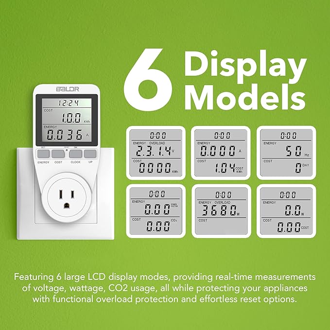 BALDR U.S. Electricity Usage Monitor for Home - Appliances Kilowatt Meter Sockets - Wattage Meter Plug In to Measure Energy Usage - Home Energy Monitor with Easy to Read Display - Single Tariff