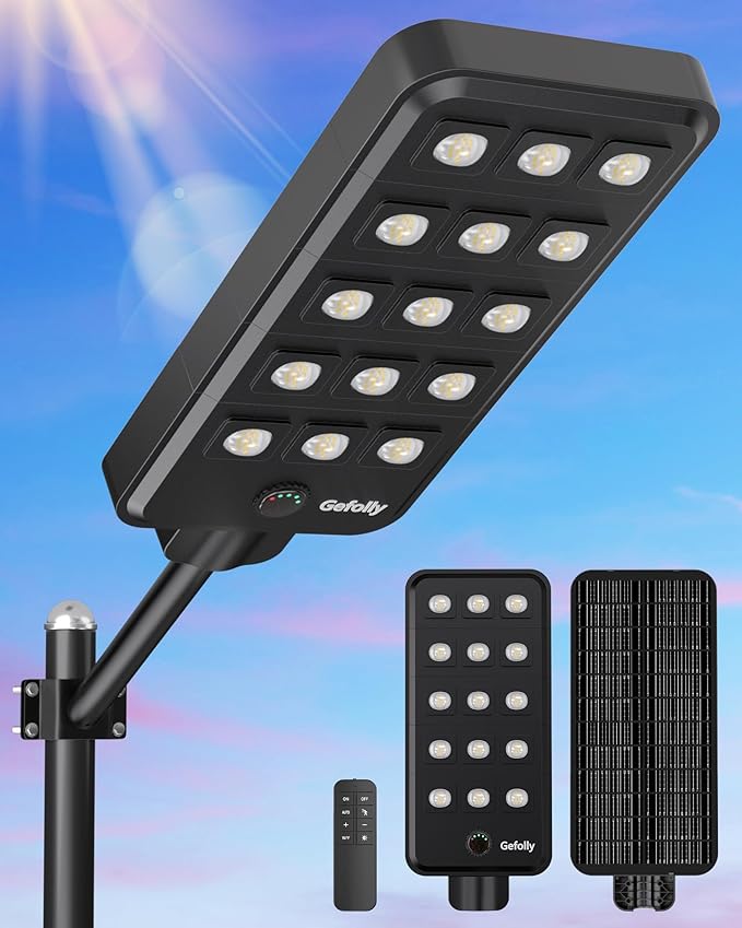 Gefolly G-15000W Solar Street Light Outdoor, Wide Angle Commercial Parking Lot Light Dusk to Dawn 6500K IP67 Flood Security with Motion Sensor Lamp for Yard, Basketball Court