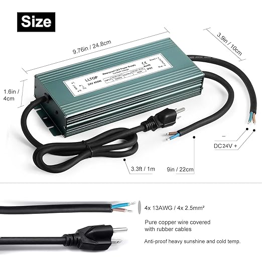 LLTOP LED Driver 400 Watts 110V/120V AC to 24V DC 16.6A Power Supply Waterproof Low Voltage Transformer Converter for Indoor Outdoor LED Lights