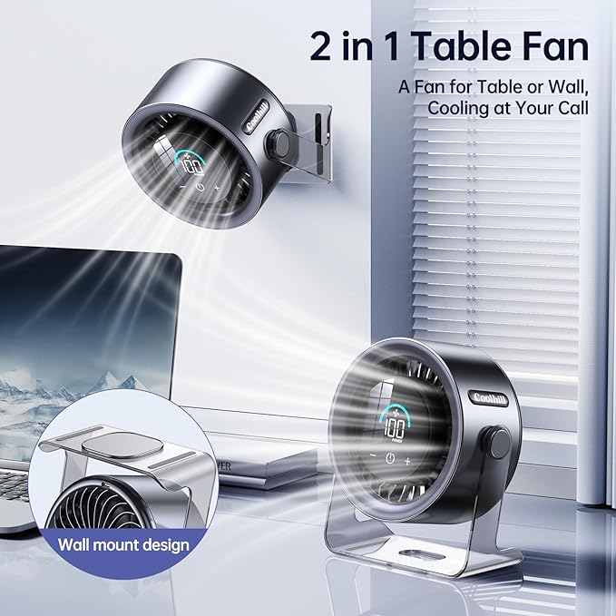 Coolhill USB Desk Fan for Bedroom: 100 Speeds Digital Display Quiet Table Fan with Turbo Airflow, 120° Rotating Small Rechargeable Battery Desktop Fans for Bedroom Home Office (Black)
