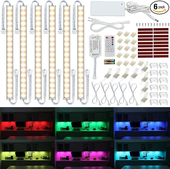 Kitchen Under Cabinet LED Light. RGBW. Color Change & Super Bright Cool White Light. Remote with Dimming. 6 LED Light Bars with Power Adapter, Extension Cable. Plug in. Easy to Install. RGB + 4000K.