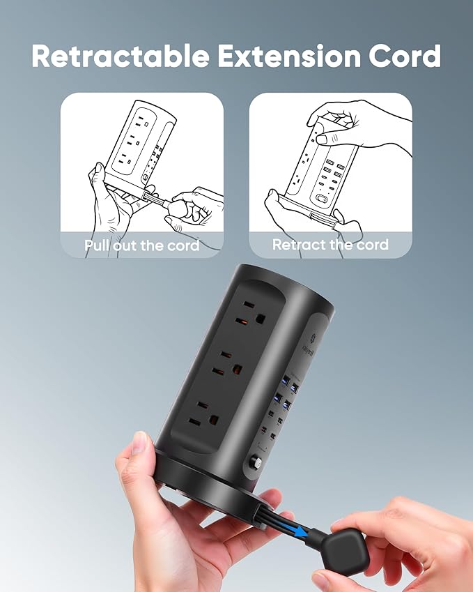 Kakyanill 115W USB Charging Station, Surge Protector Power Strip Tower, 9 AC Outlets with 8 USB Ports(4 USB-C), 6Ft Flat Plug Retractable Extension Cord, for Home Office Dorm, Black