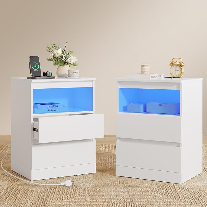 Nightstands with Charging Station, LED Lights and Drawer, Sofa Side End Tables - Image 2