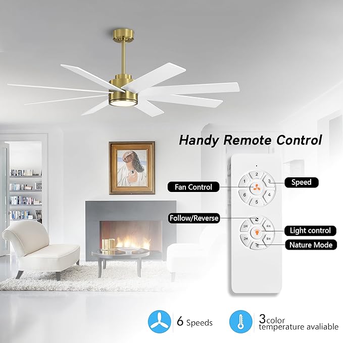 WINGBO 60" Large DC Ceiling Fans with Lights and Remote, 3 Downrods, 8 Plywood Blades, 6-Speeds Reversible DC Motor, 3CCT, Indoor Ceiling Fan for Bedroom Living Room Patio, Brass and White