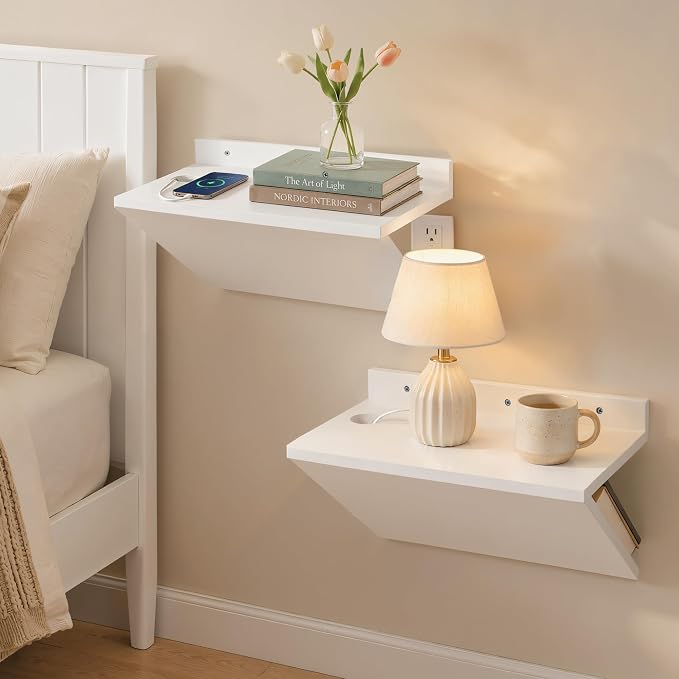 Floating Nightstand Set of 2 White Wood Bedside Table Wall Mounted | Z-Shape by Petrala