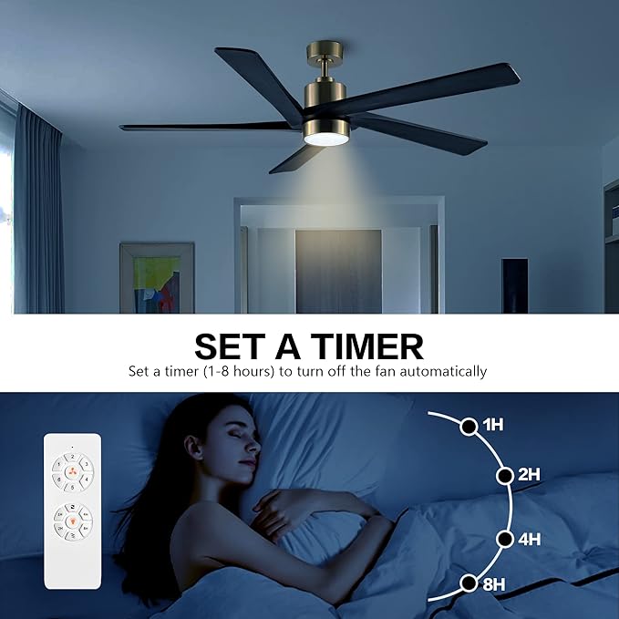 WINGBO 72" DC Ceiling Fan with Lights and 3 Downrods, 5 Carved Wood Blades, 6-Speed Reversible DC Motor, Large Ceiling Fan in Brass Finish with Black Blades, ETL Listed