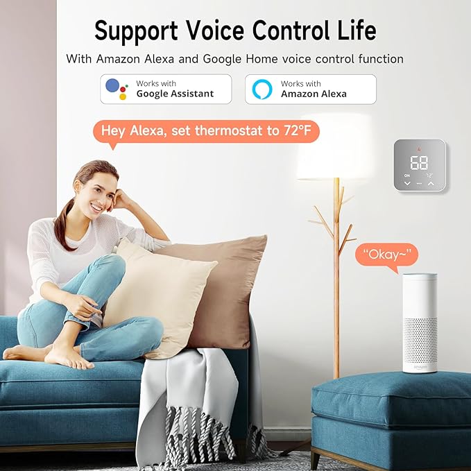 Smart Thermostat for House, WiFi Thermostat Compatible with Alexa and Google Assistant,7day x 8period Programmable Control Tuya/Smart Life, Energy Saving, C-Wire Require