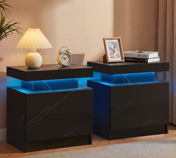 Black Modern LED Nightstand Set of 2 by Unknown