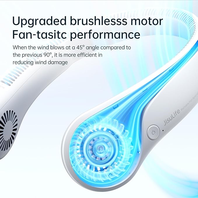 JISULIFE Portable Neck Fan, Hands-Free Bladeless, 5 Speeds, 4000 mAh Battery Operated Wearable Personal Fan, Twistable, Rechargeable, Gift for Women Men-Grey