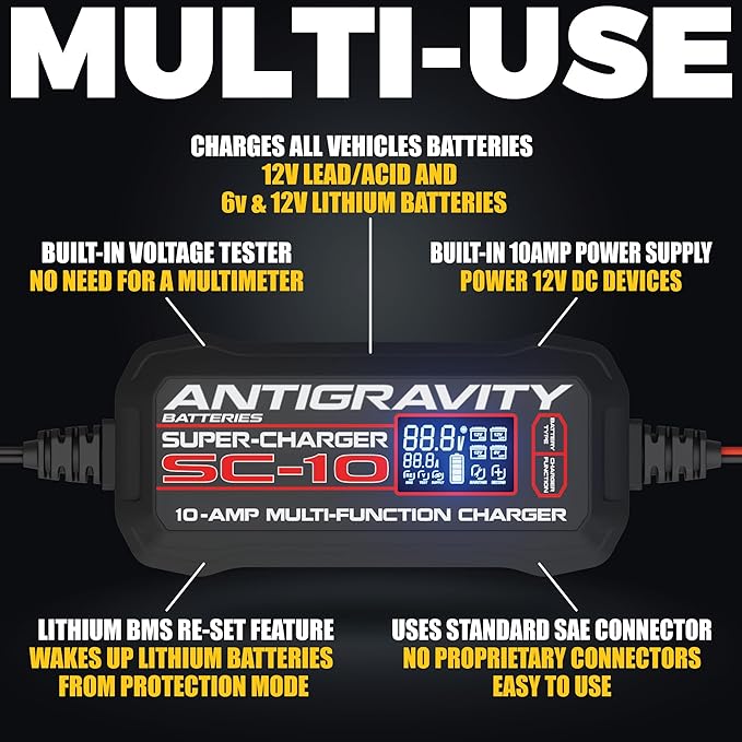 Antigravity SC-10 Super-Charger 10A Smart Battery Charger & Maintainer for 6V/12V Lithium (LiFePO4) & Lead-Acid Batteries – LCD Display, Power Supply Mode, BMS Reset