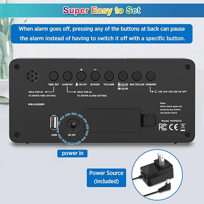 Peakeep Digital Alarm Clock for Bedroom Bedside, Large Display 5 Dimmers | - Image 7