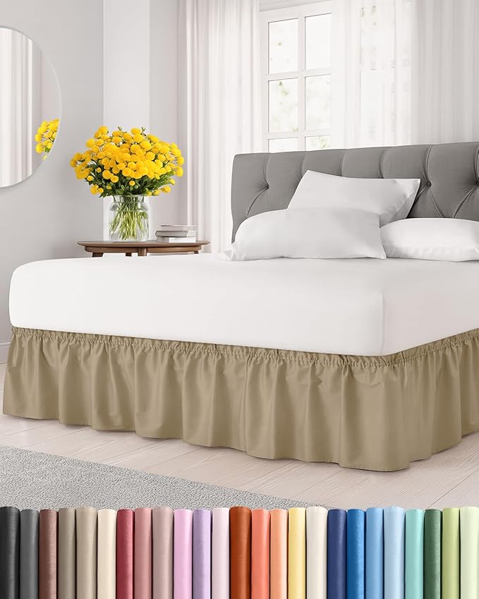 Wrap Around Dust Ruffle Bed Skirt - Beige - for Full Size Beds w/ 14 Inch Drop - Easy Fit Elastic Strap - Adjustable Pleated Bedskirt w/Brushed Fabric, Wrinkle & Fade Free Women, Men, Kids & Teens