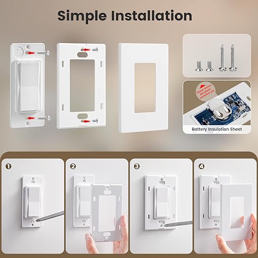 SURAIELEC 3 Way Wireless Light Switch, Remote Control Outlet, Decorator Rocker Wall Switch, 15 AMP, 100ft RF Range, No Wiring No WiFi, for Plug in Pendant Light, Lamp, Small Electrical Appliance