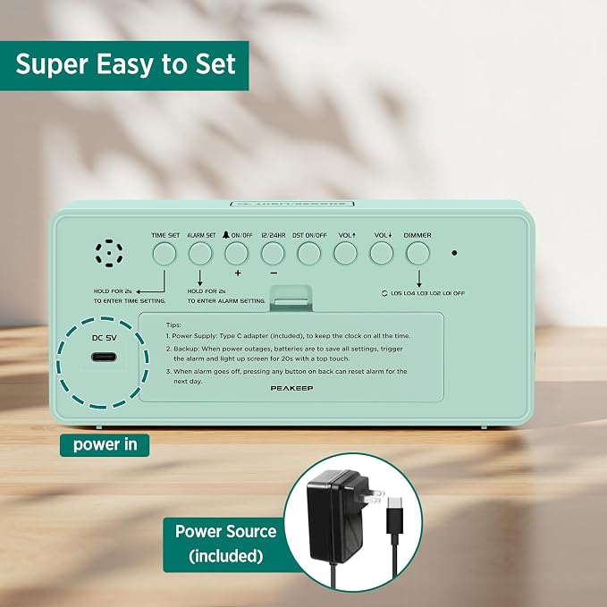 Peakeep Digital Alarm Clock for Bedroom Bedside, Large Display 5 Dimmers | - Image 7