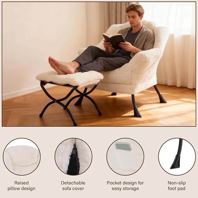 Welnow Lazy Chair with Ottoman, Reading Chair with Footrest, Plush Beige | A - Image 4