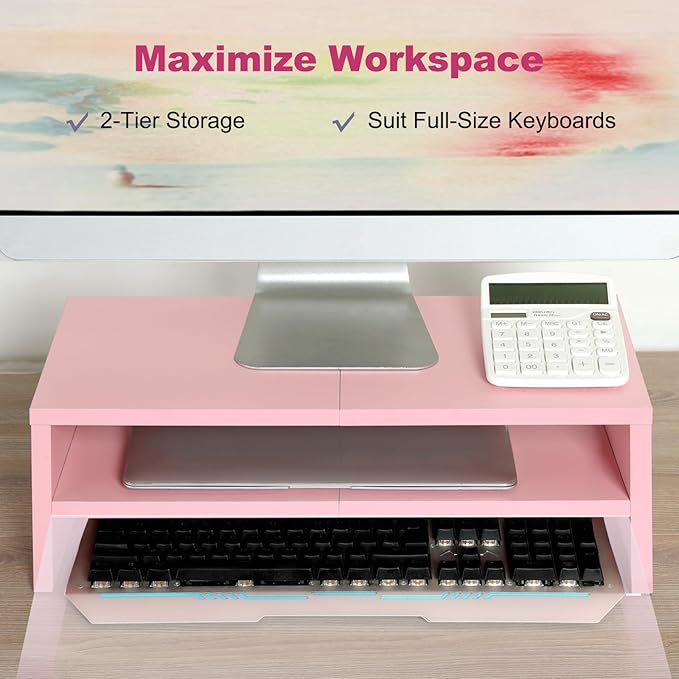 TEAMIX 2 Tiers Pink Monitor Stand Riser, Desktop Stand with Keyboard Storage Small TV Stand Laptop Wooden Desk Organizer Cute Shelf (Pink, 2 Tiers)