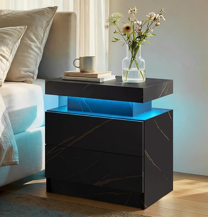 LED Nightstand with Wood 2 Drawers Modern Bedside Table by Unknown