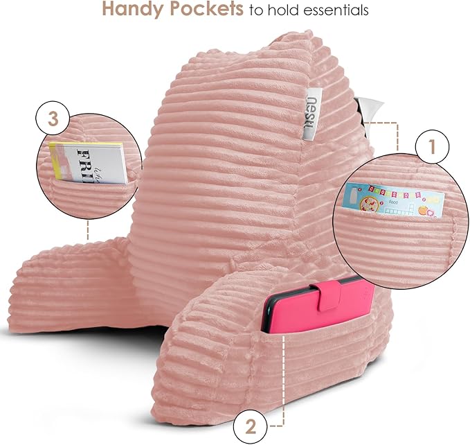 Nestl Reading Pillow with Shredded Memory Foam, Luxe Cut Plush Back Pillow for Sitting Up in Bed, Back and Arms Adjustable Support for Adult & Teens, Backrest Pillows with Washable Cover Peach Beige