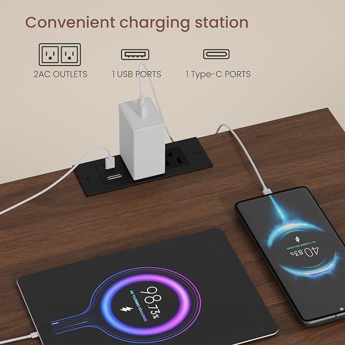 Nightstands Set of 2 with Charging Station and Drawer, Walnut | Bedside Tables - Image 5
