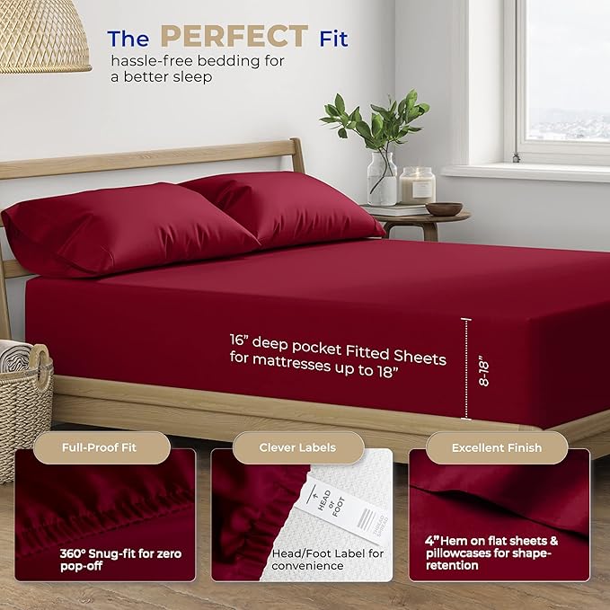 THREAD SPREAD 100% Cotton Twin Sheet Set - 400 Thread Count Twin Cotton Sheets Sets, 3 PC Twin Sheets, Cooling & Luxury Sateen Sheets for Dorm Rooms & Adults, Deep Pocket Cotton Sheets (Burgundy)