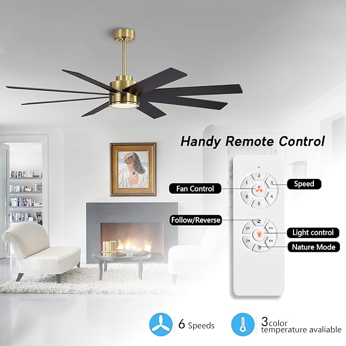 WINGBO 60" Large DC Ceiling Fans with Lights and Remote, 3 Downrods, 8 Plywood Blades, 6-Speeds Reversible DC Motor, 3CCT, Indoor Ceiling Fan for Bedroom Living Room Patio, Brass and Black