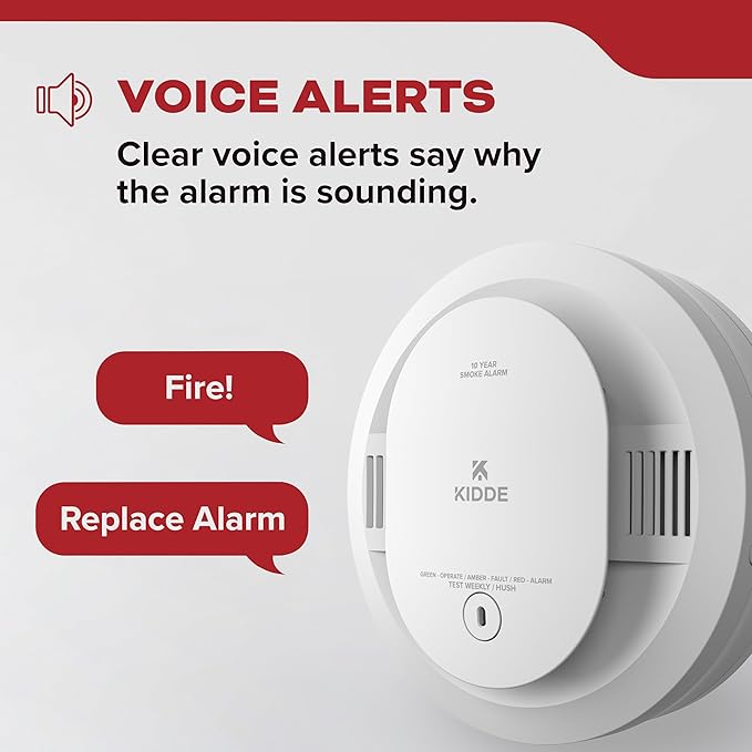 Kidde Smoke Detector, 10-Year Battery Powered, Voice Alerts, LED Warning Light Indicators, 20SD10-V