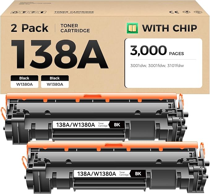 138A Toner Cartridge 2-Black with chip High Yield Replacement for HP 138A W1380A 138X W1380X Compatible with HP LaserJet Pro 3001dw 3001fdw MFP 3101fdw Printer Ink 3001dwe 3001fdwe 3101fdwe All-in-One