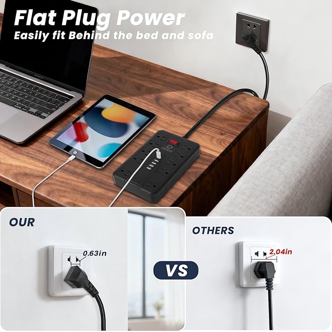 DUKVI Surge Protector Power Strip with 10 Widely-Spaced Outlets & 6 USB(2USB C) Ports, 6ft Flat Plug Extension Cord Wall Mountable, Desktop Charging Stations for Smartphone Tablet Laptop