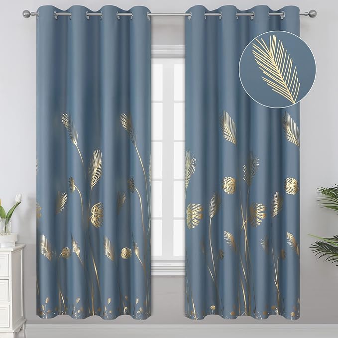 Stone Blue Blackout Curtains for Bedroom, Room Darkening Gold Palm Tree Pattern by ESTELARTEXTILER