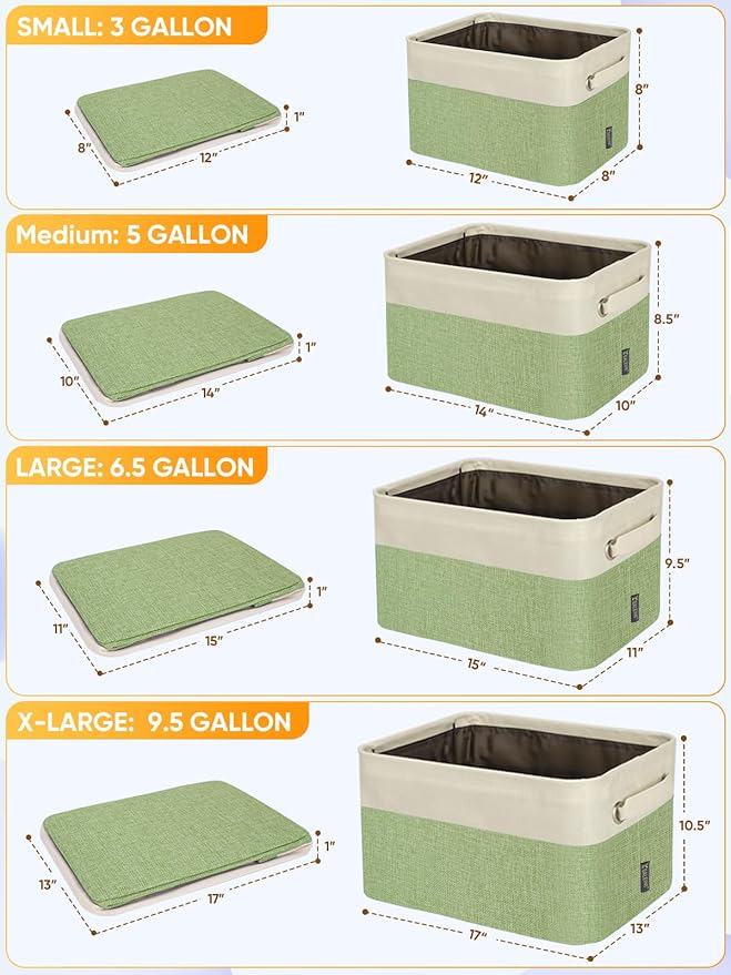 BALEINE 3 Pack Fabric Storage Bins for Shelves, Linen Storage Baskets for Organizing, Decorative Closet Bins for Clothes, Home (Green, 17''x13''x10.5'')