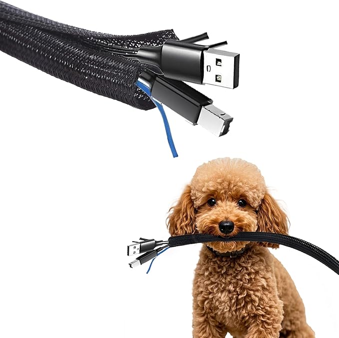 25ft - 1/4 inch Cord Protector Wire Loom Tubing Cable Sleeve Split Sleeve for USB Cable Power Cord Audio Video Cable - Management for TV Computer - Protect Cat from Chewing Cords - Black