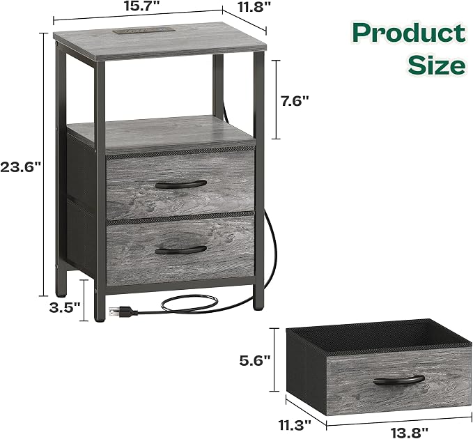 Huuger Night Stand with Charger Station and LED Lights, 2 Drawer Nightstand | - Image 3