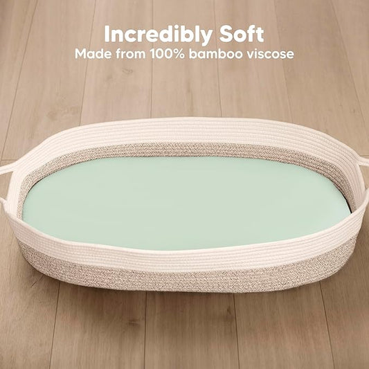 2-Pack Baby Bassinet Sheets Girl, Boy - 33x17 Viscose Derived from Bamboo Bedside Mattress Fitted Bassinet Sheets, Compatible with Halo Bassinest Swivel Sleeper, Baby Delight, Graco (Sage)