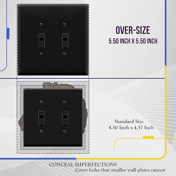 ENERLITES Double Toggle Switch Cover, Two Gang Light Switch Wall Plate, Gloss Finish, Oversized 2-Gang 5.5" x 5.5", Unbreakable Polycarbonate Thermoplastic, UL Listed, 8812O-BK, Black