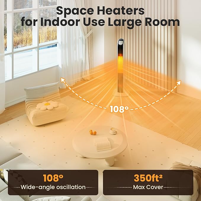 Zynkez 33" Space Heaters for Indoor Use Large Room, 1500W PTC Tower Fireplace Heater with 3D Flame, Room Heater w/Remote Control,12H Timer & Oscillation, Portable Electric Heaters for Bedroom, Beige