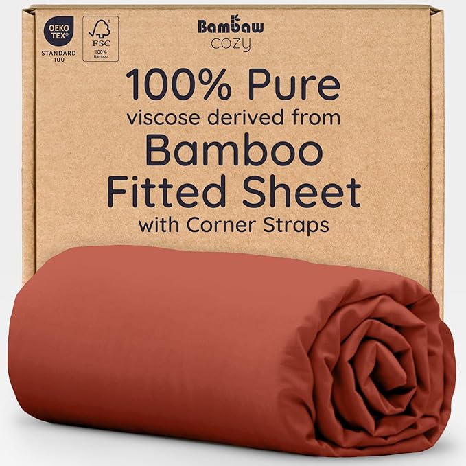 Bambaw 100% Viscose Derived from Bamboo Fitted Sheets King Size, Cooling Fitted Sheets King Size, 16’’ Deep Pocket, Breathable Bottom Sheet Only (Terracotta)